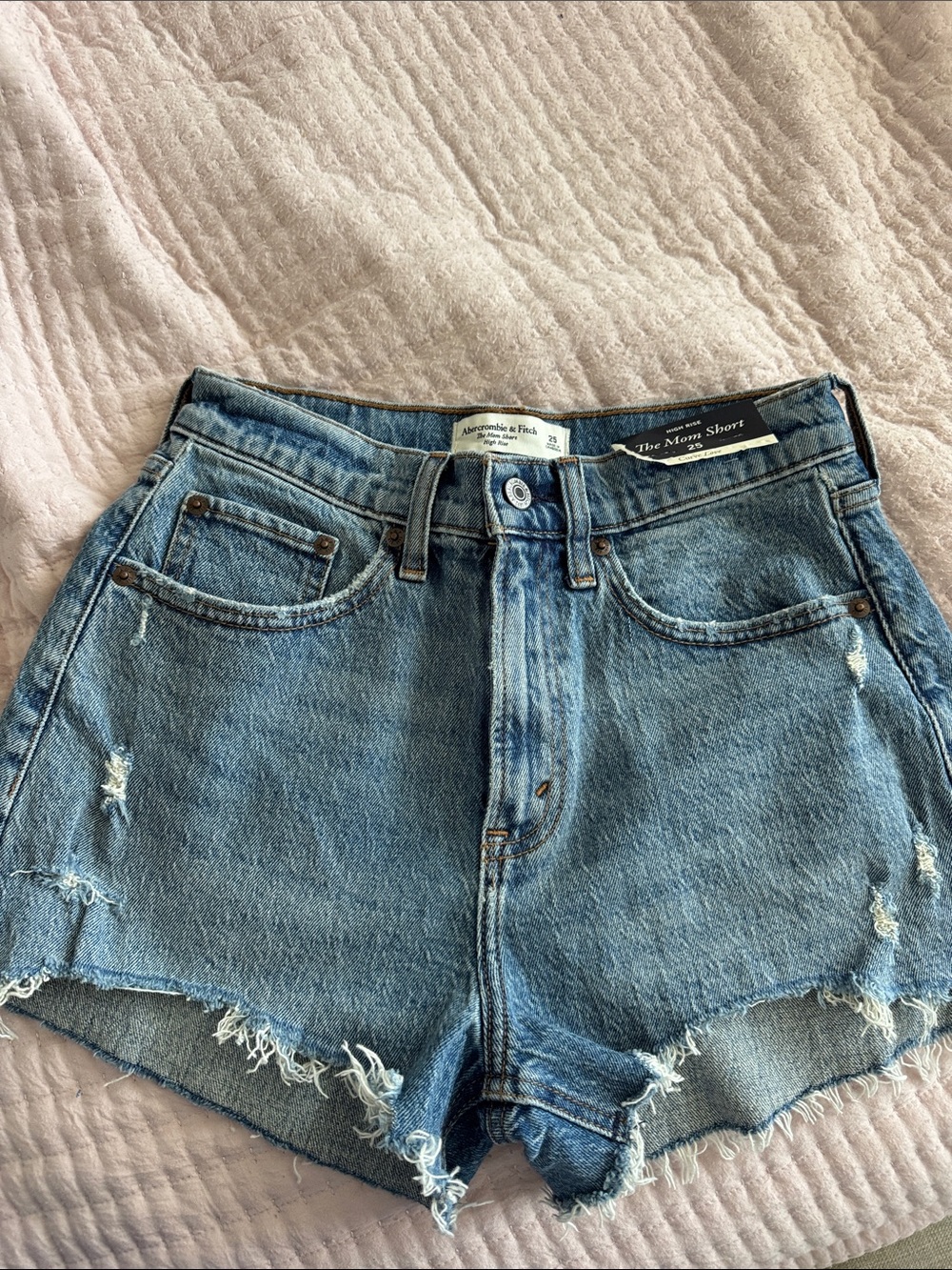 NWT Abercrombie & Fitch Light Blue Distressed Curve Love Mom Jean Shorts